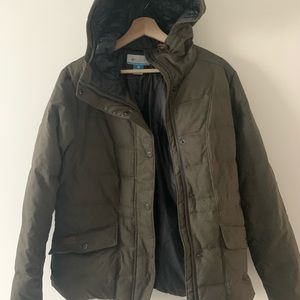 columbia puffy down coat with leather accents